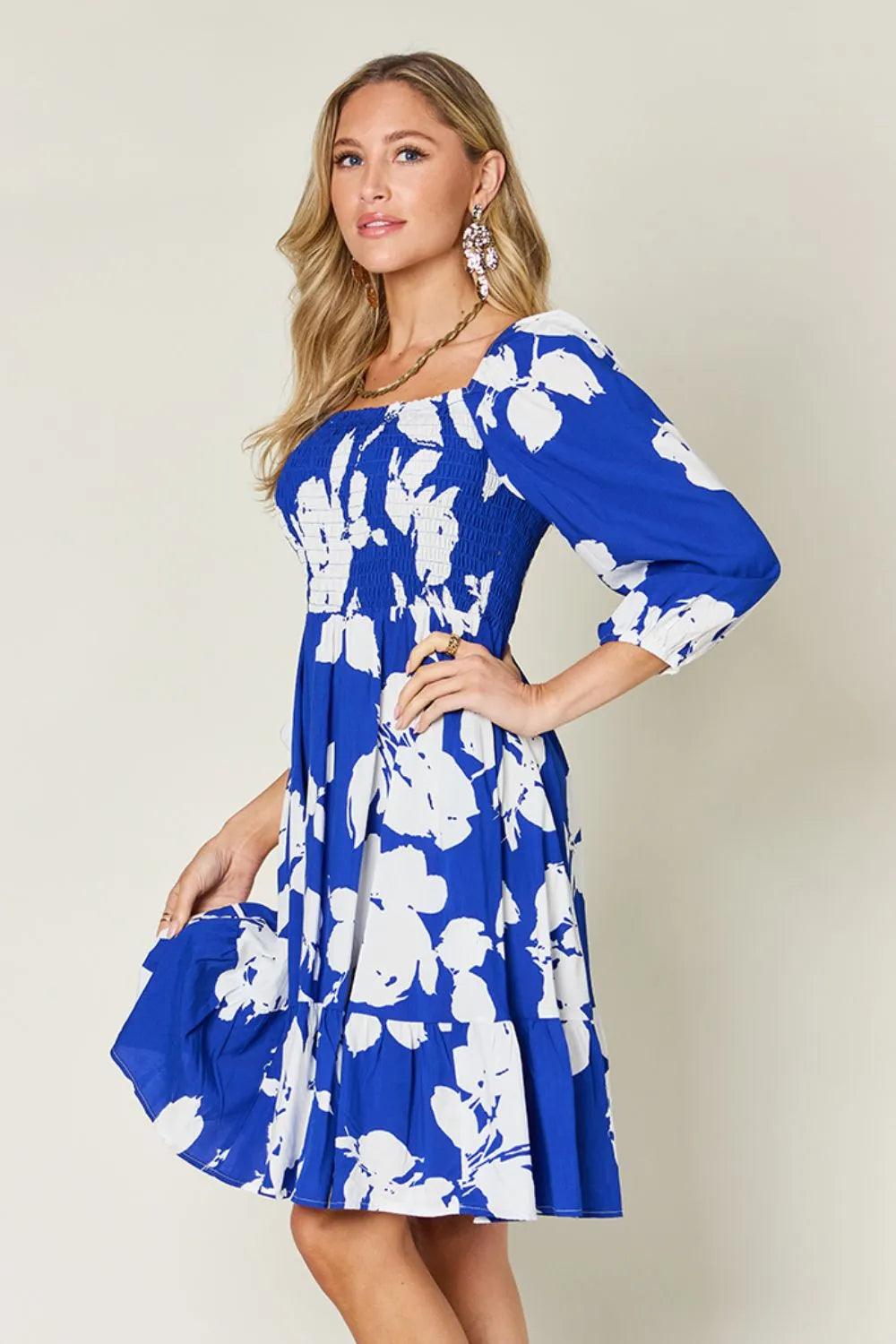 Floral Ruffle Hem Smocked Midi Dress with Pockets