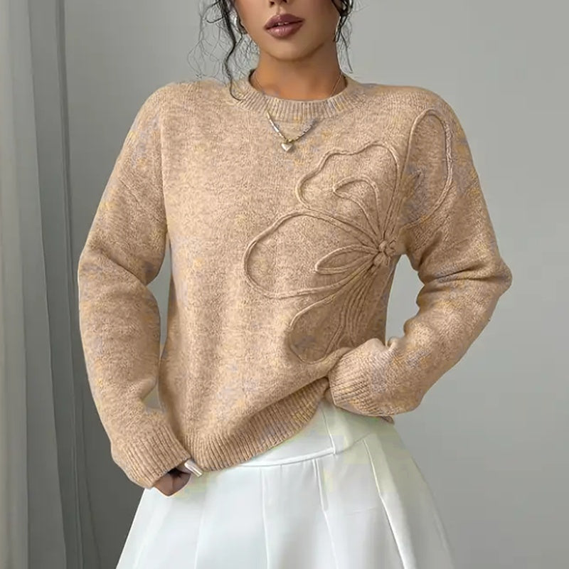 Women's Elegant Floral Applique Crew Neck Sweater Pullover - Image 9