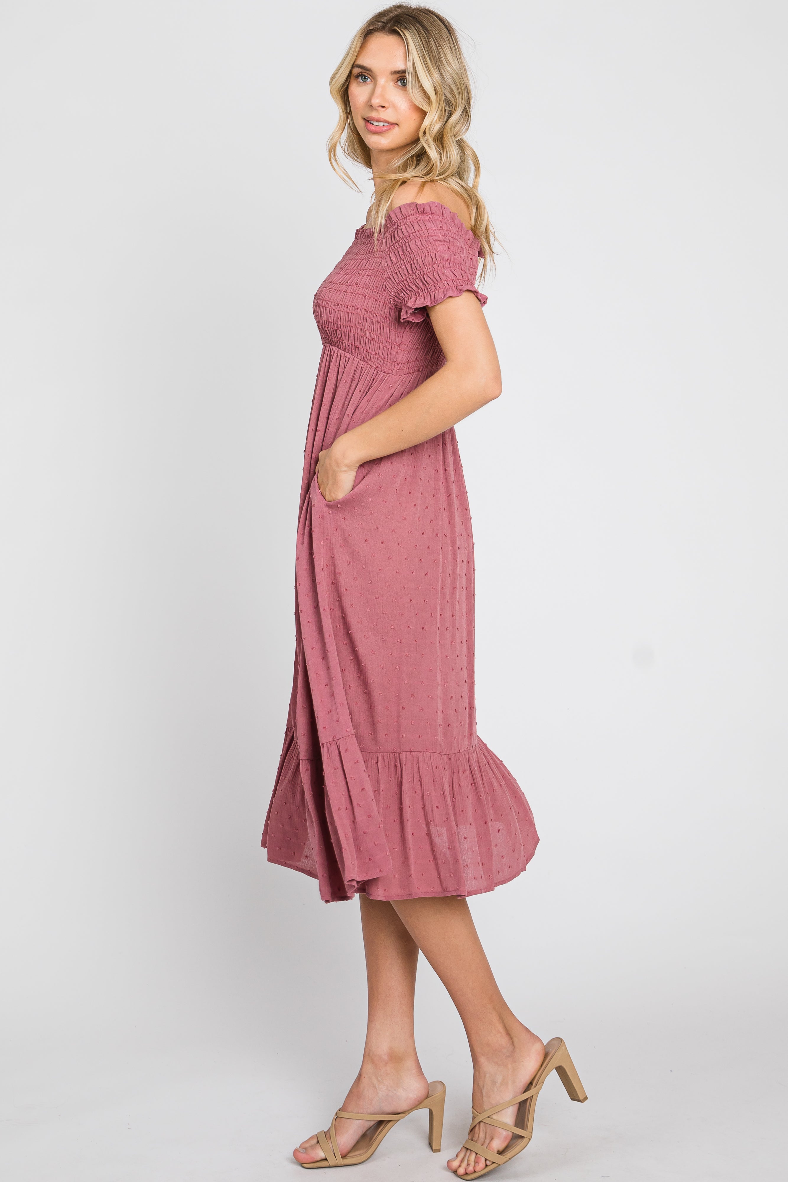 Mauve Off Shoulder Smocked Midi Dress with Ruffle Hem