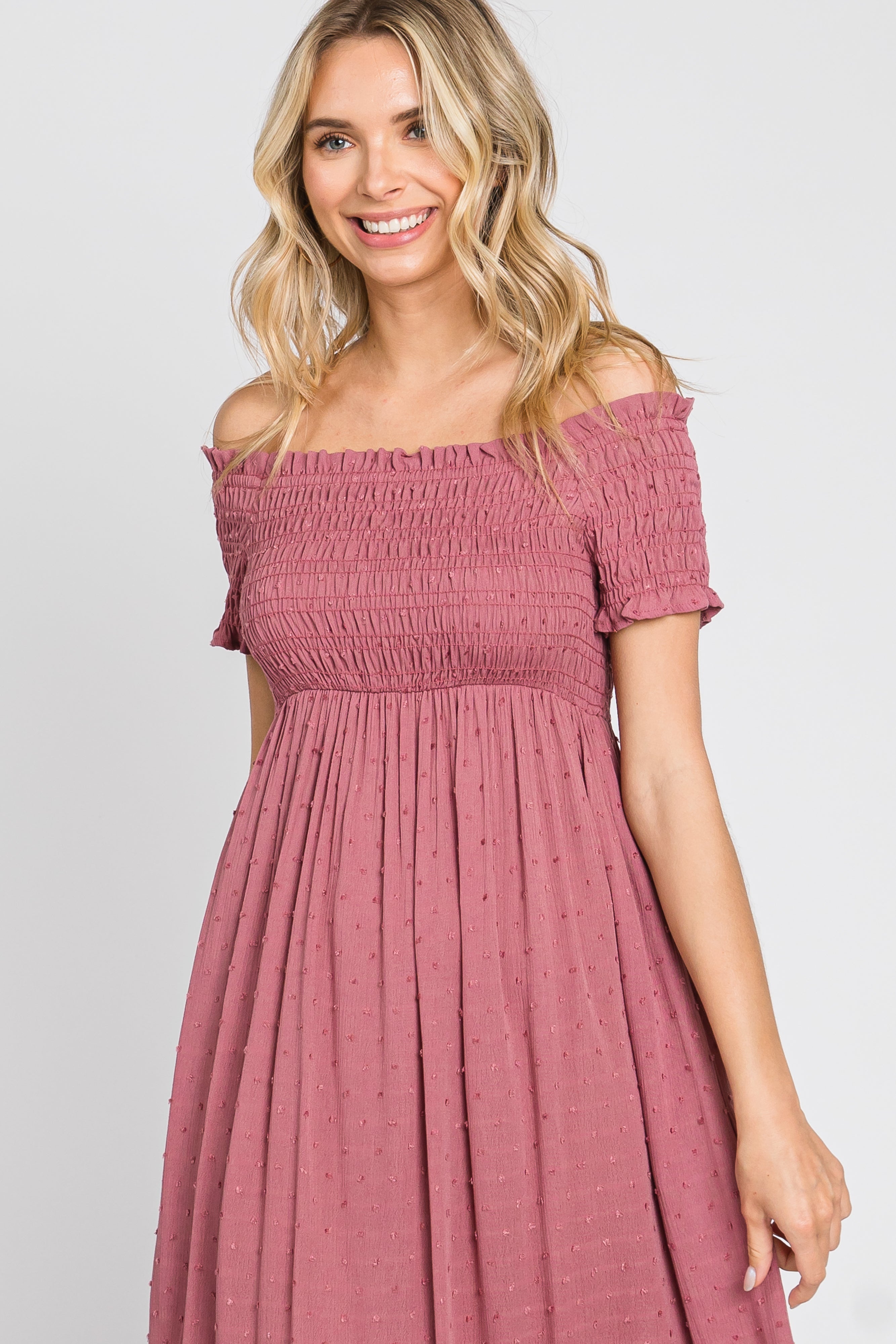 Mauve Off Shoulder Smocked Midi Dress with Ruffle Hem
