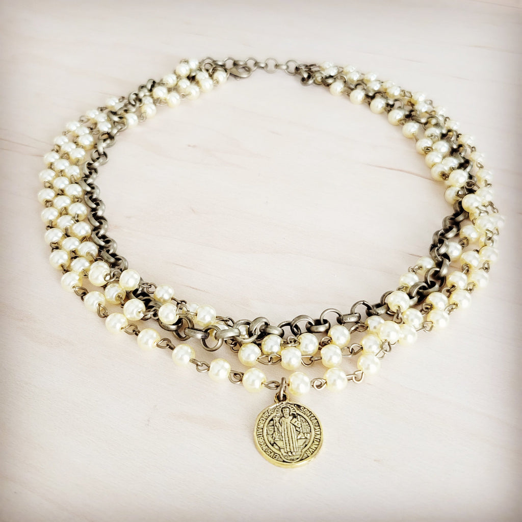 Champagne Pearl Beaded Collar Necklace w/ Pendant 263x