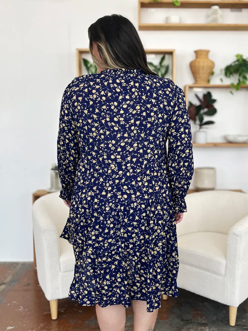 Printed Ruffle Hem Long Sleeve Tiered Midi Dress