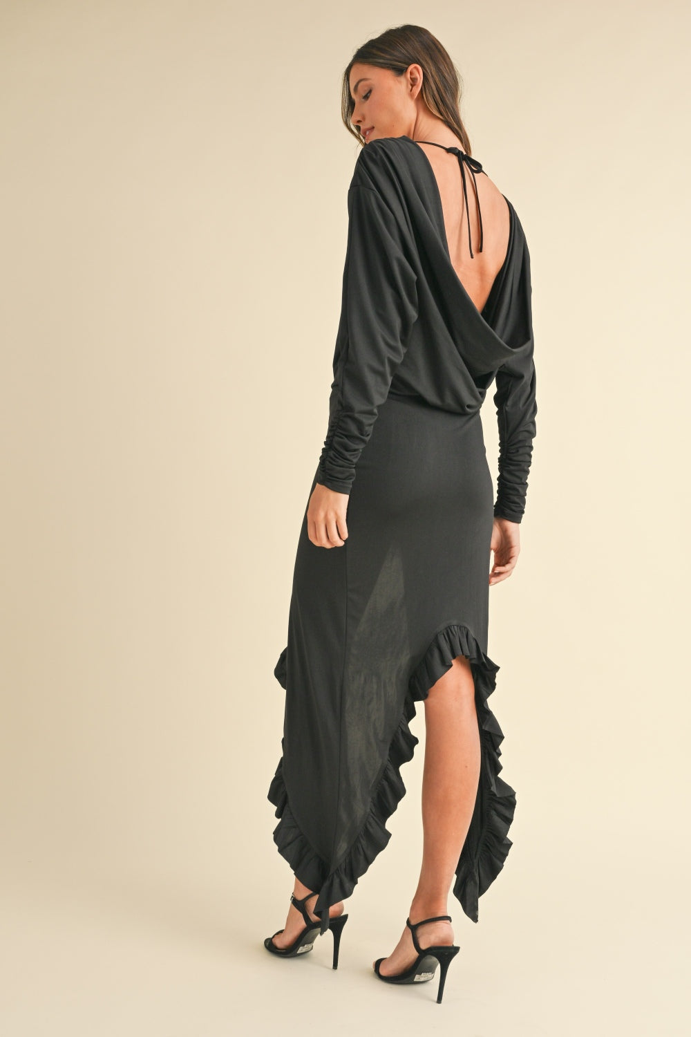 Black Backless Asymmetric Ruffle Hem Evening Dress