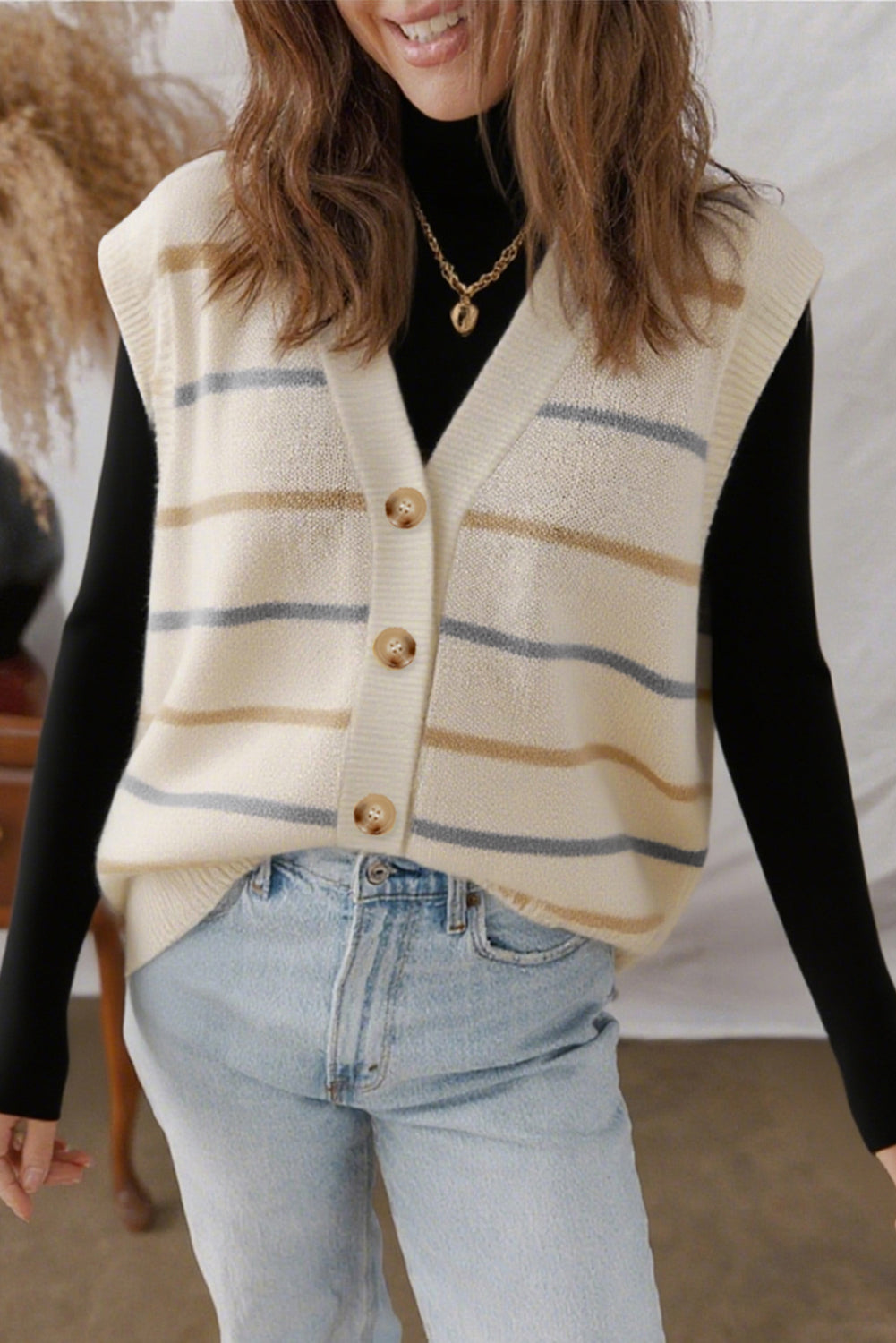 Women's Striped V-Neck Buttoned Knit Sweater Vest