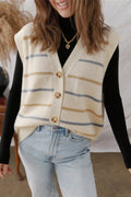 Women's Striped V-Neck Buttoned Knit Sweater Vest