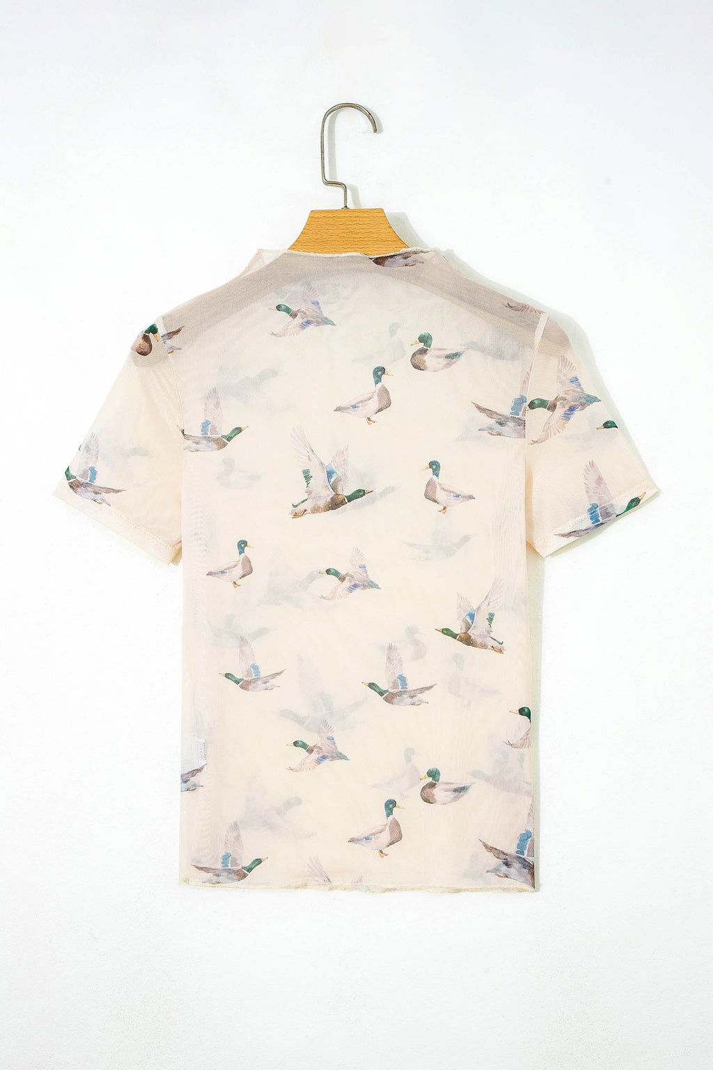 Mallard Duck Print Mesh Short Sleeve Top - Beige Multi-Color