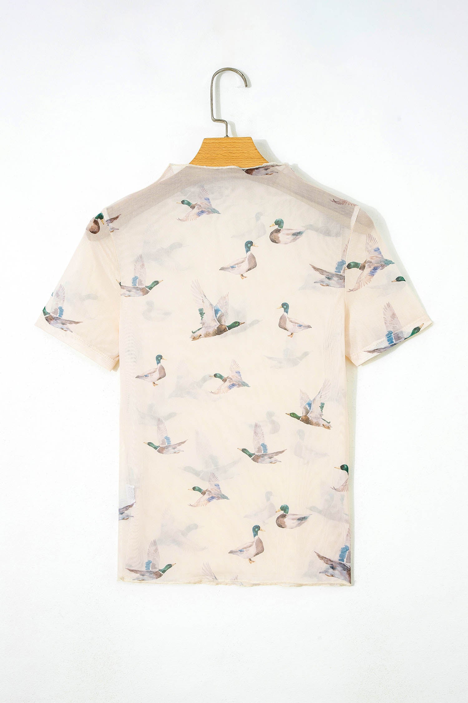 Mallard Duck Print Mesh Short Sleeve Top - Beige Multi-Color