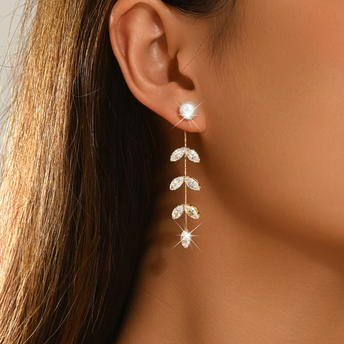 Women Faux Pearl Marquise Leaf Long Drop Earrings, Gold Rhodium Two Tone Plated Dainty Bridal Dangling Earrings For Wedding Party Valentine Daily Gift