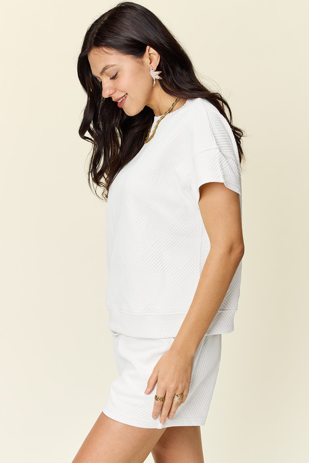 White Textured Drawstring Shorts and Relaxed Tee Lounge Set - Image 4