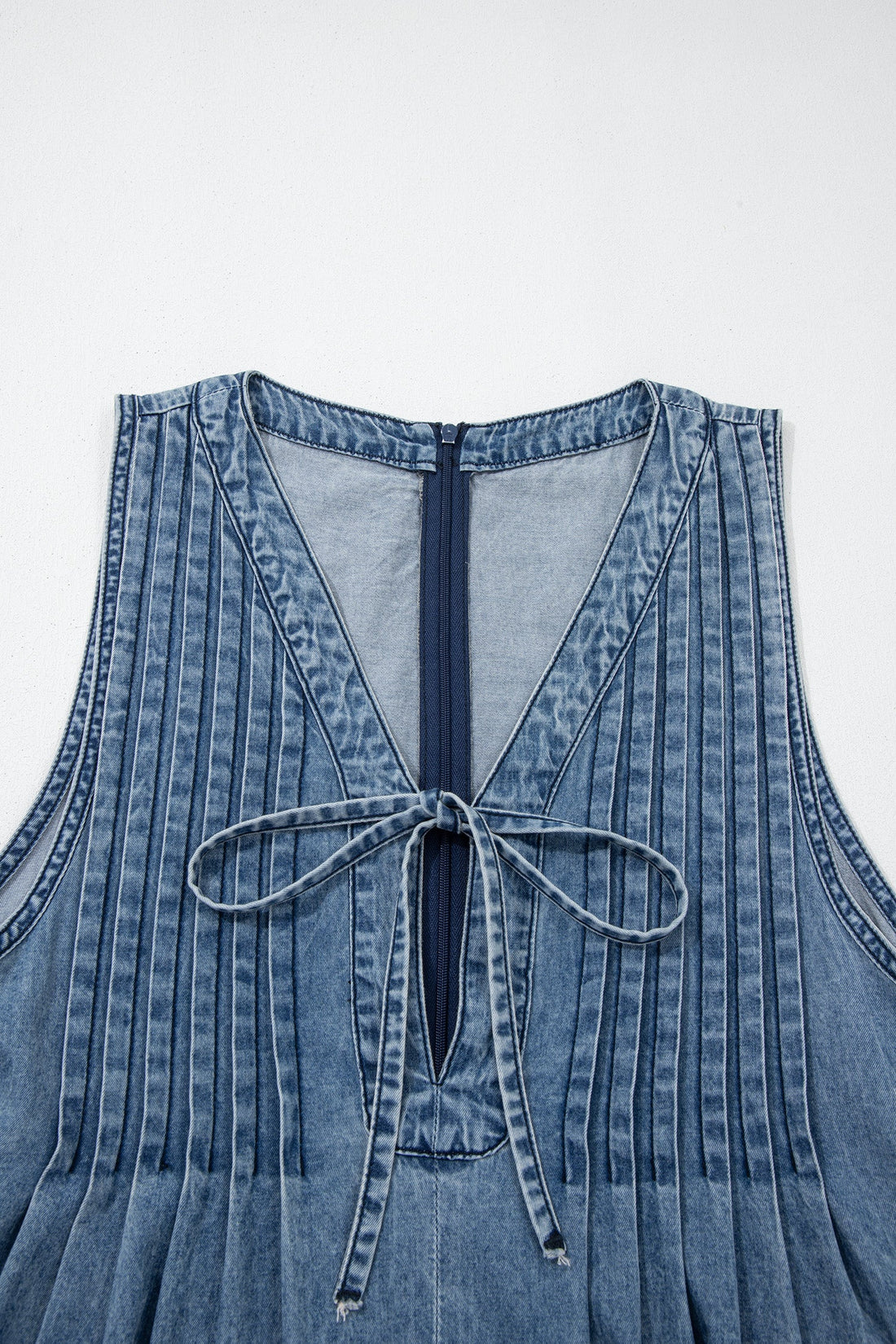 Acid Wash Denim Pleated V-Neck Jumpsuit - Relaxed Wide-Leg Fit