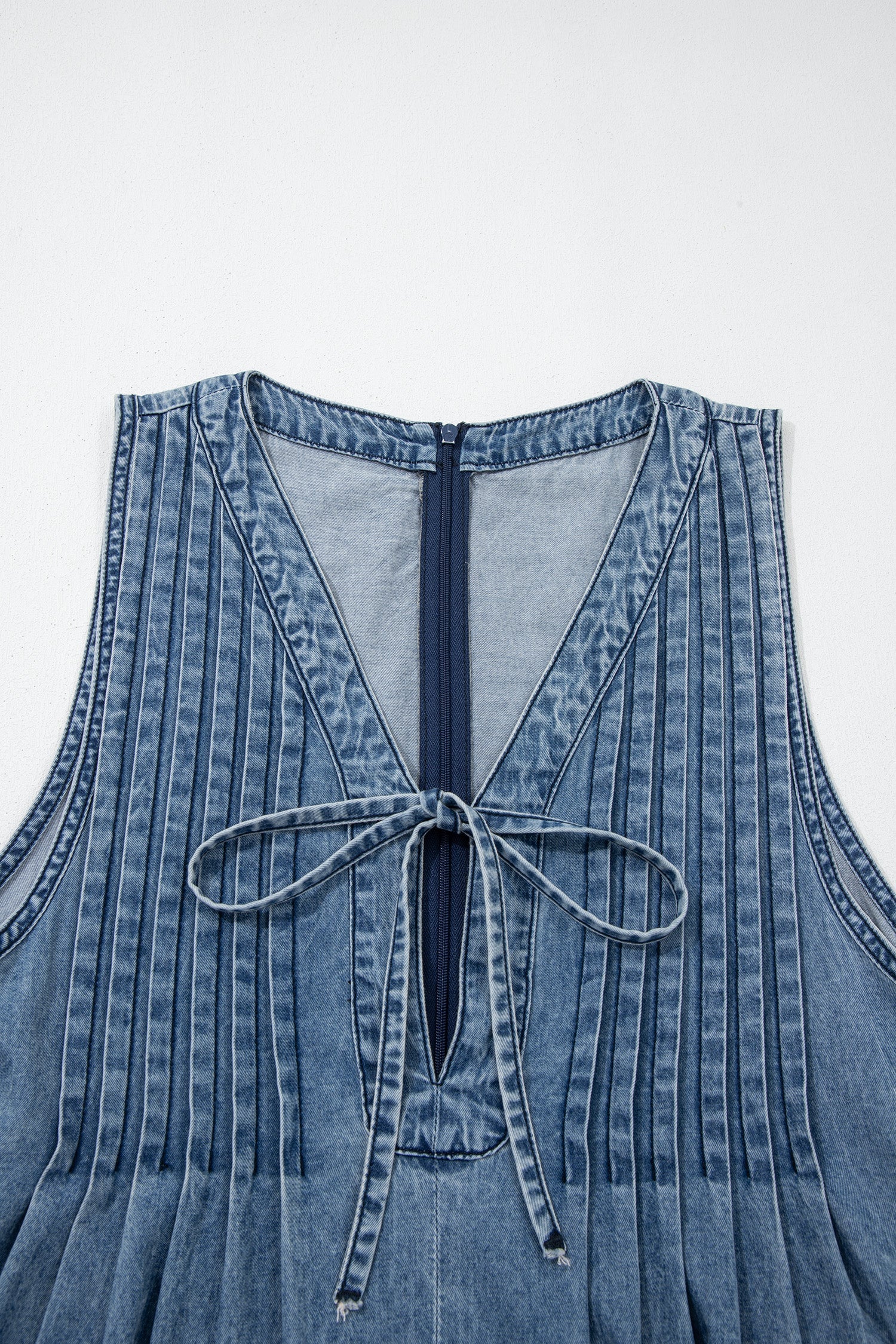 Acid Wash Denim Pleated V-Neck Jumpsuit - Relaxed Wide-Leg Fit