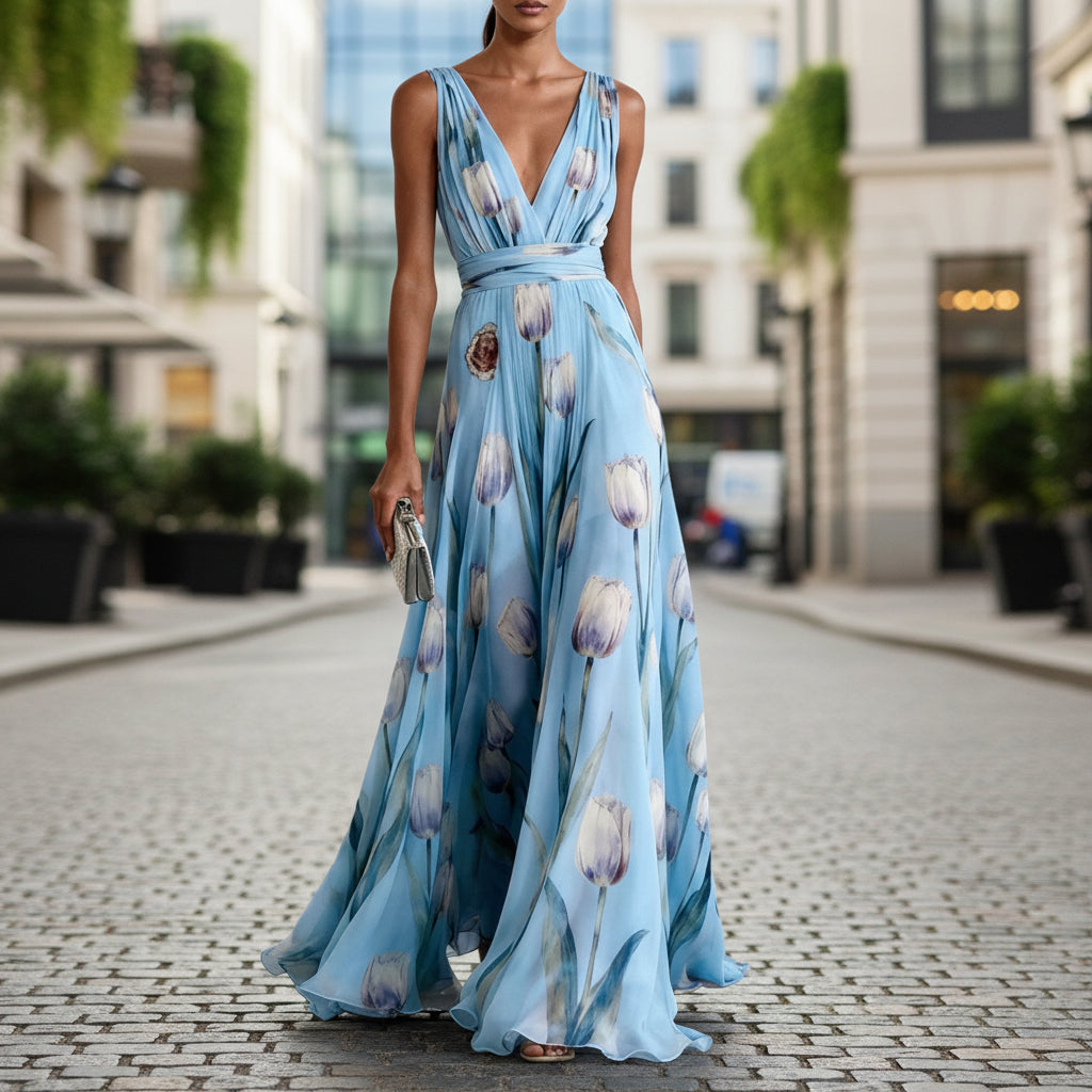 Model wearing a flowy tulip print sleeveless V-neck maxi dress on a cobblestone street.