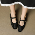 Woven Brown Sheepskin Mary Jane Flats with Single Buckle Strap