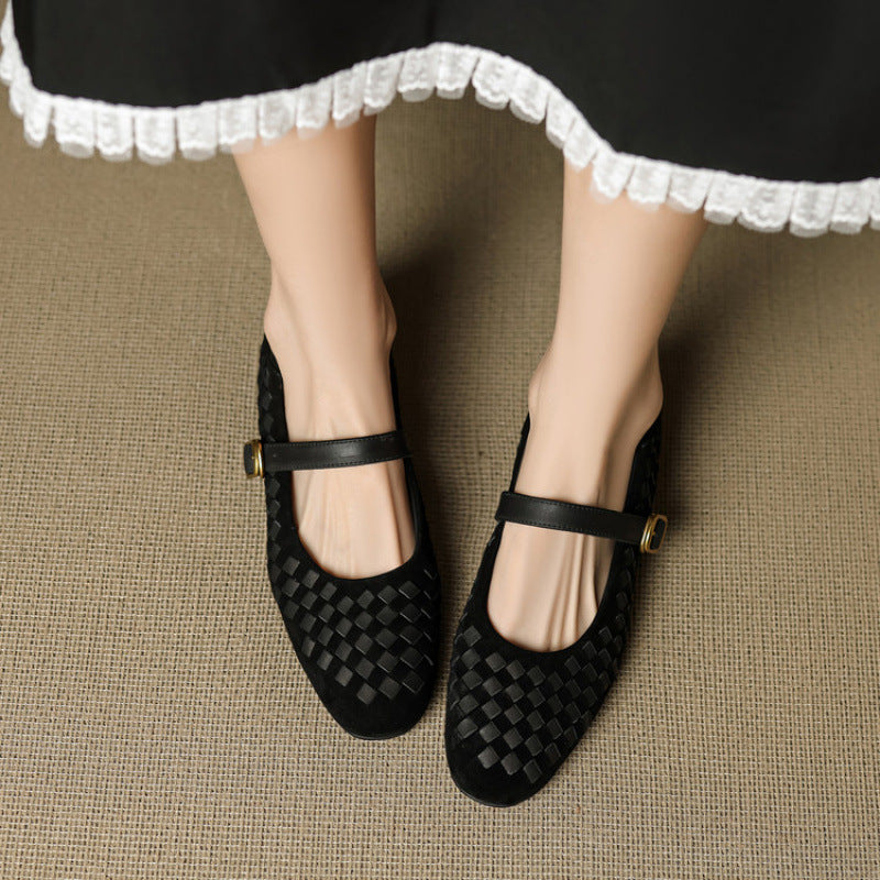 Woven Brown Sheepskin Mary Jane Flats with Single Buckle Strap