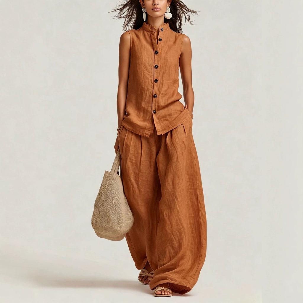 Women's Cotton-Linen Sleeveless Button-Down Vest and Wide Leg Set - Image 4