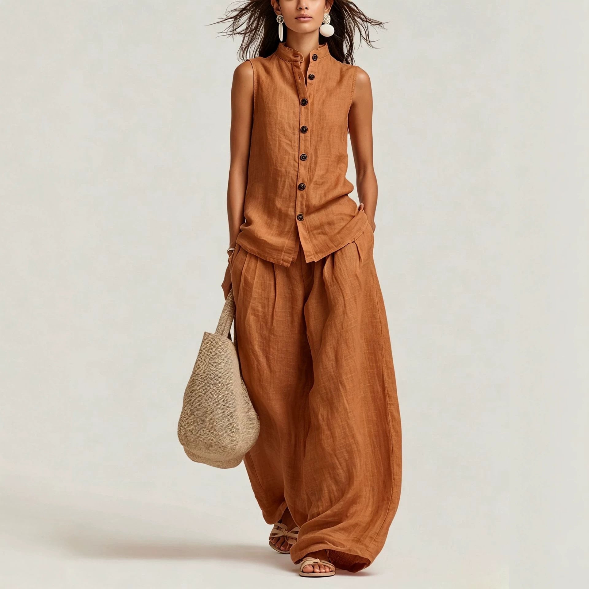 Women's Cotton-Linen Sleeveless Button-Down Vest and Wide Leg Set - Image 4