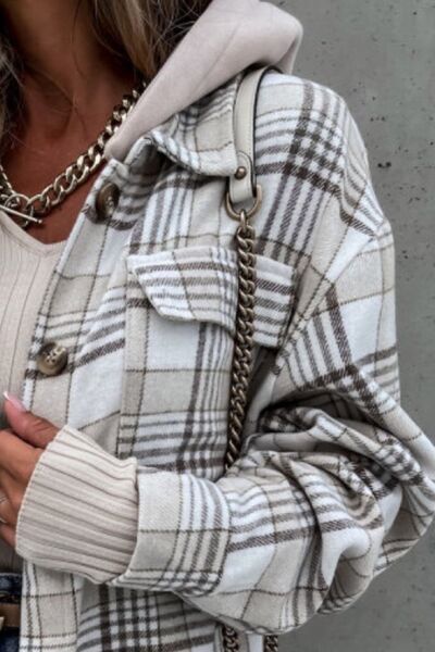 Camel Plaid Button Up Jacket with Removable Hood
