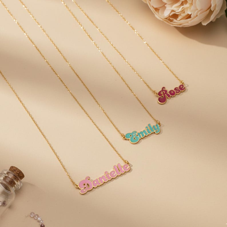 Personalized Cursive Name Necklace in Gold, Teal, Pink and Magenta