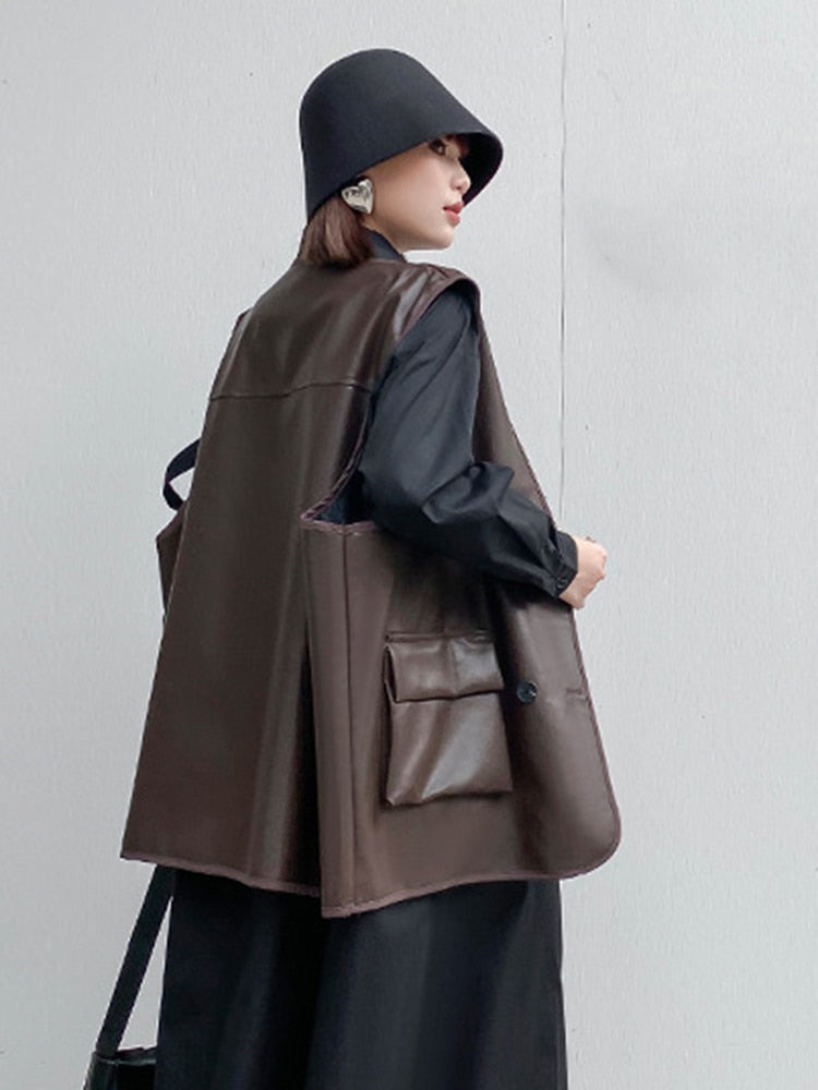 Women Coffee Color Leather Vest Oversized Loose Fit V-Collar - Image 2