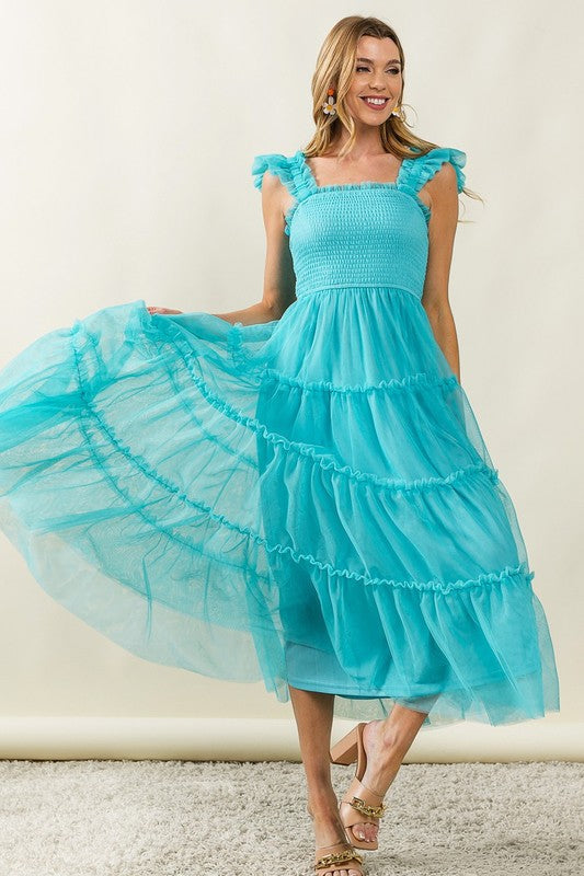 Romantic Frill Mesh Tiered Midi Dress - Feminine Silhouette