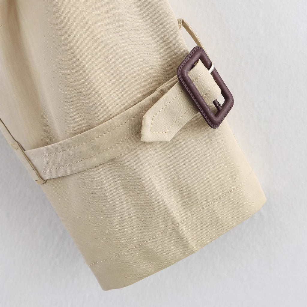 Women's Short Trench Coat with Notch Collar and Belt Buckle - Image 4