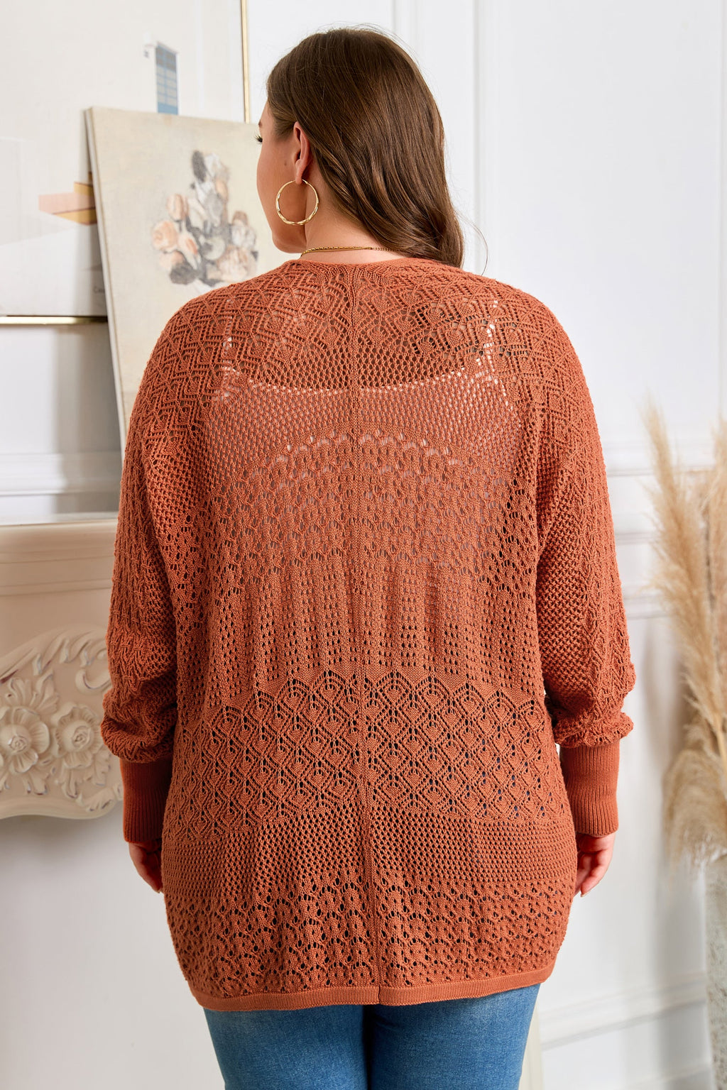 Plus Size Solid Pointelle Knit Open Front Cardigan