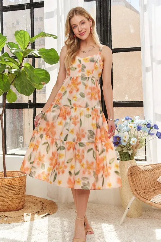 Smocked Back Floral Midi Dress – Adjustable Strap Summer Dress