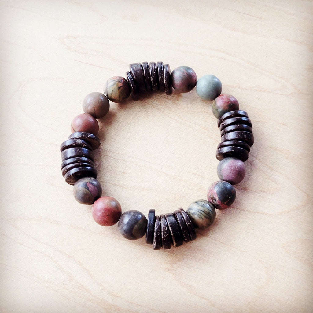 **Genuine Picasso Jasper and Wood Stretch Bracelet 810p