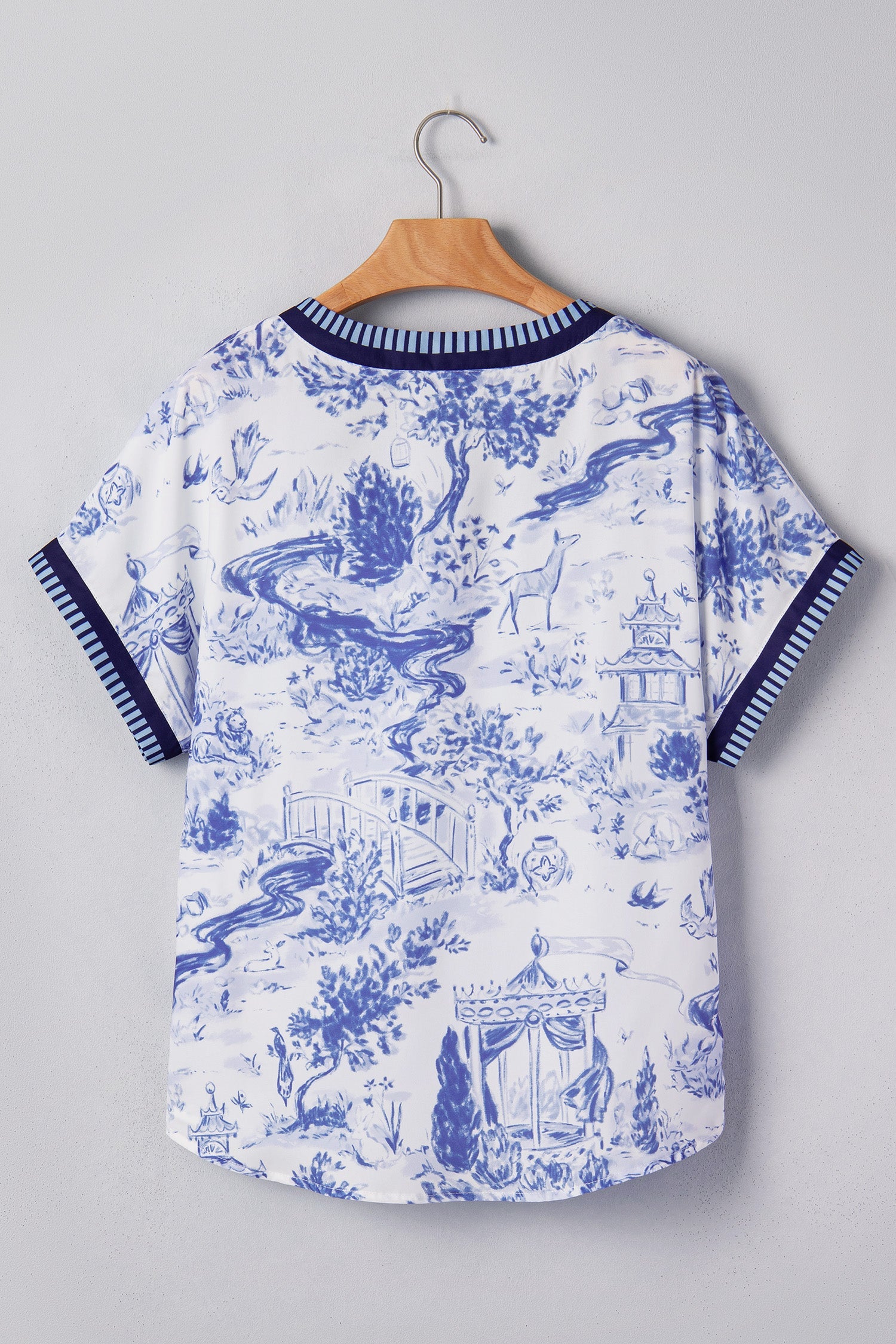 Floral Print V-Neck Blouse with Stripe Trim and Short Sleeves