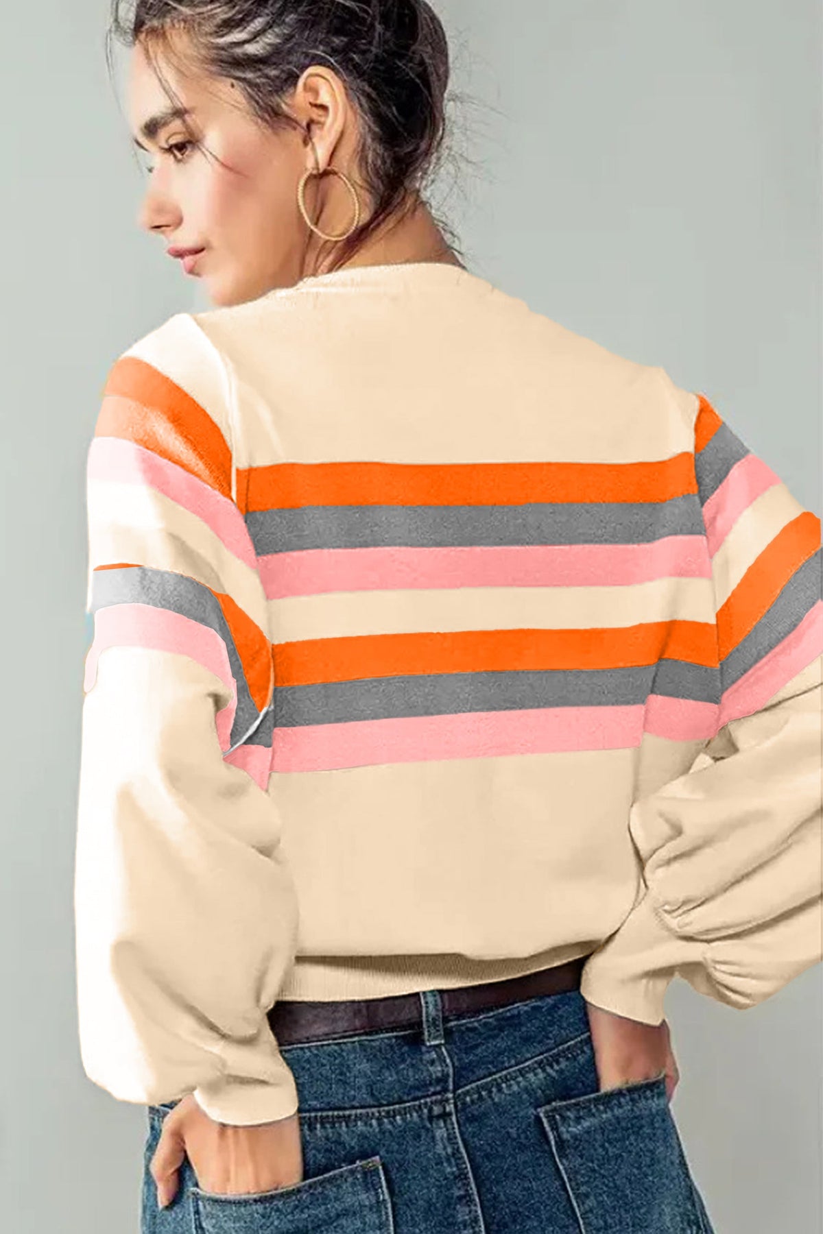 Stripe Puff Sleeve Pullover Sweatshirt