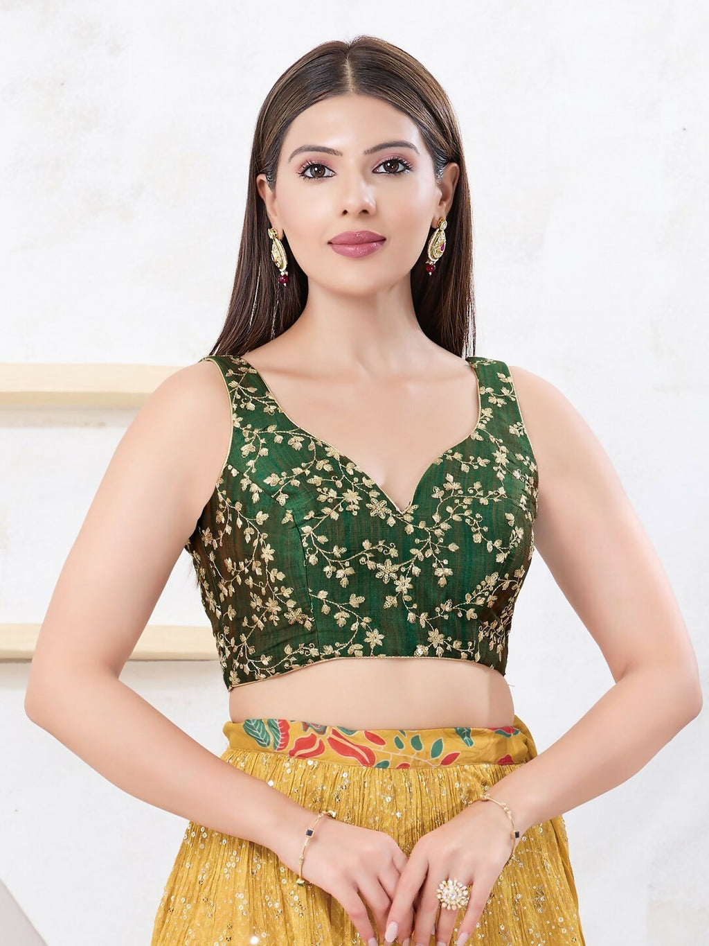Elegant Dark-Green Mulberry silk sleeveless V-neck blouse, back-open design