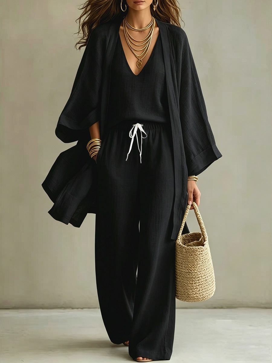 Women's 3-Piece Linen Loungewear Set: Cardigan, Vest & Wide-Leg Pants