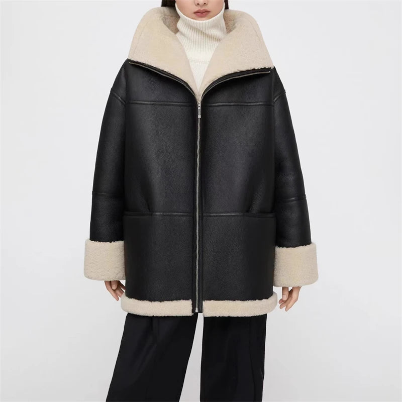 Women's Black Faux Leather Jacket with Cozy Faux Fur Lining - Image 3