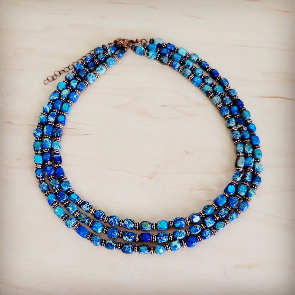 Triple Strand Layered Boho Denim Regalite Necklace 264k