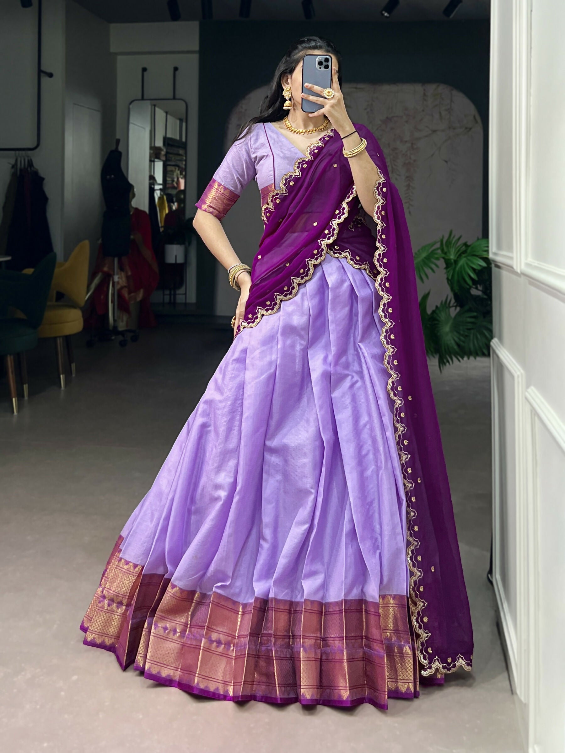Lavender cotton silk lehenga choli with zari weaving and coordinating dupatta