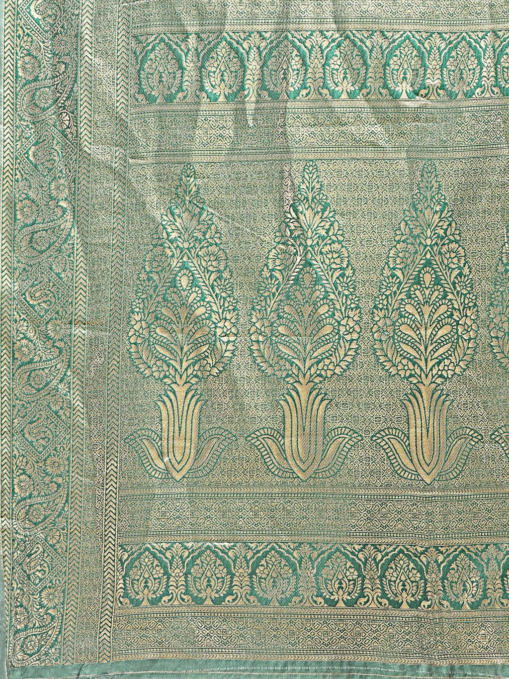 Cream and Green Aura Silk Banarasi Saree with Matching Blouse