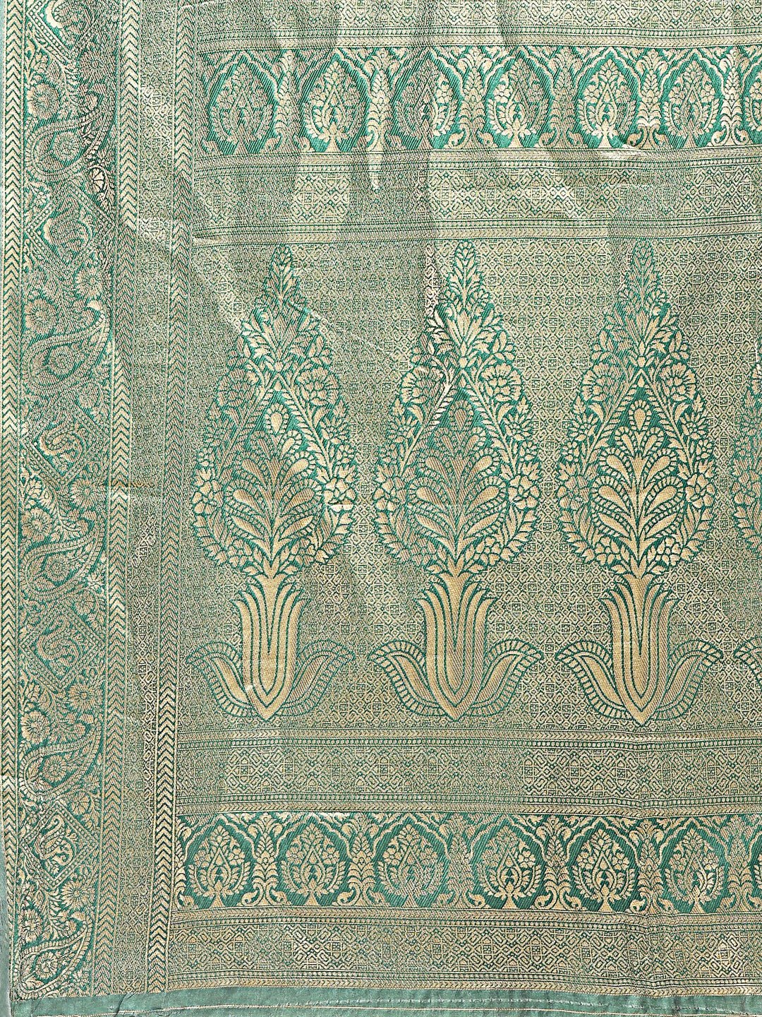 Cream and Green Aura Silk Banarasi Saree with Matching Blouse
