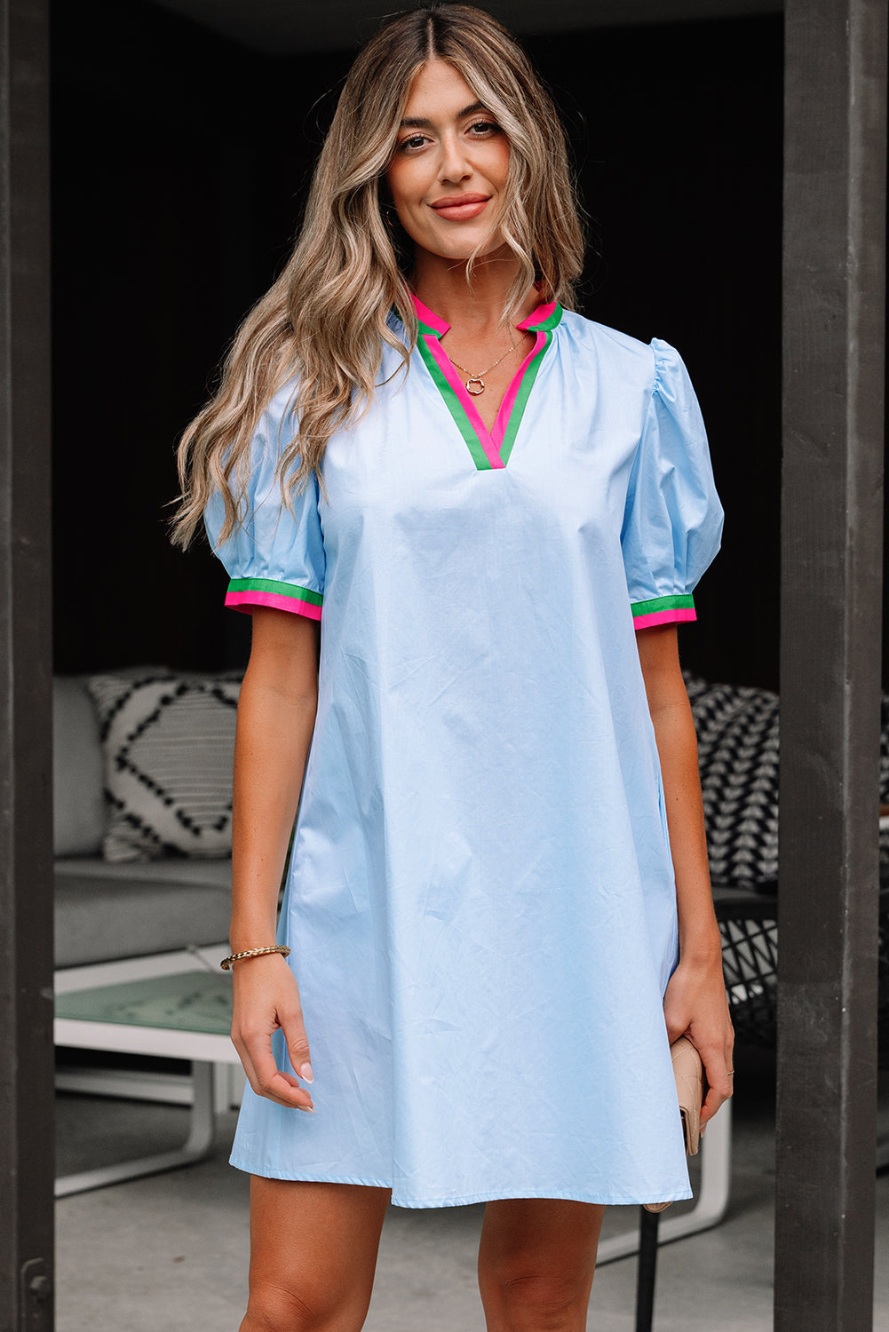 Colorblock Contrast Stripe V-Neck Puff Sleeve Mini Dress