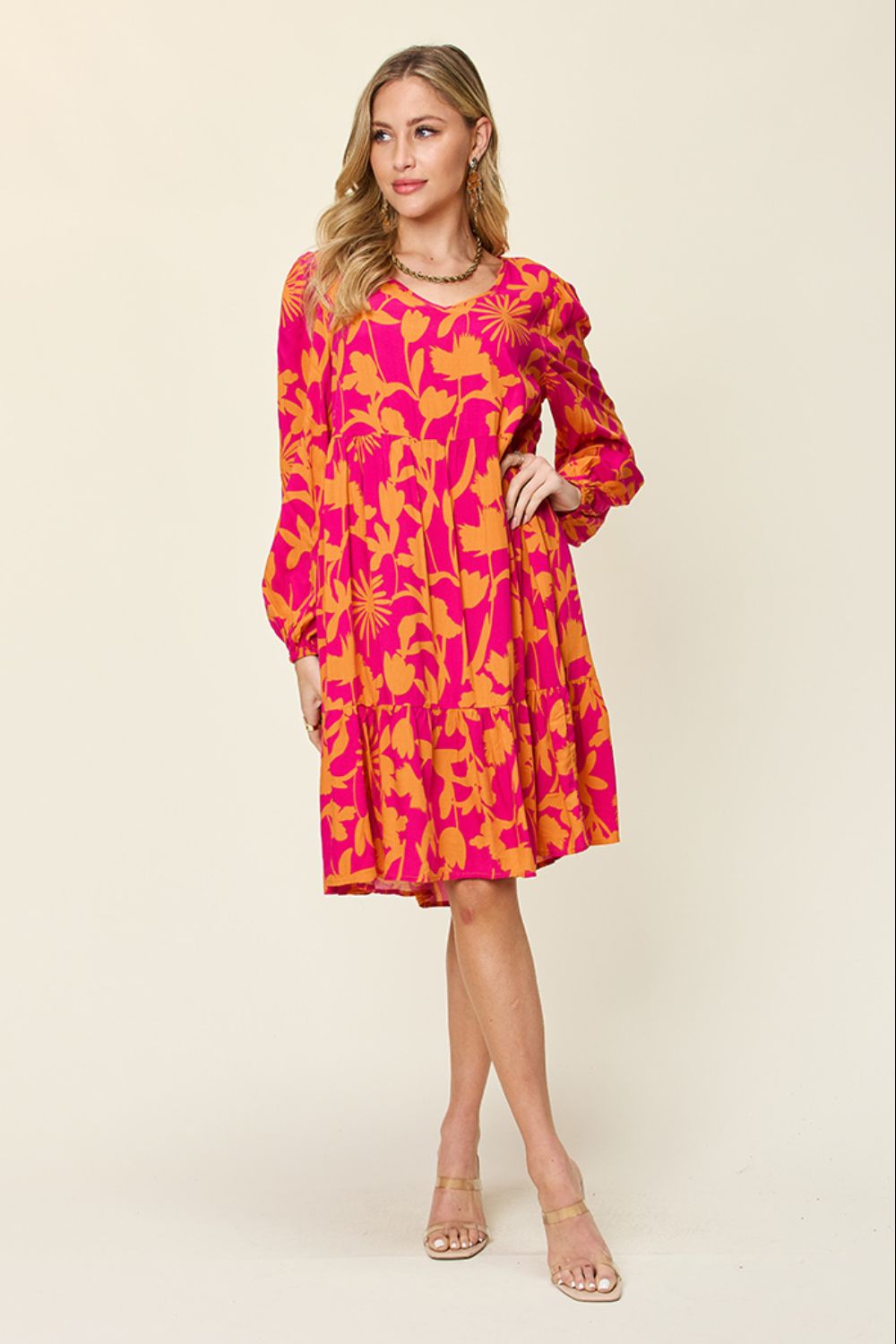 Printed Ruffle Hem Dress with Functional Pockets