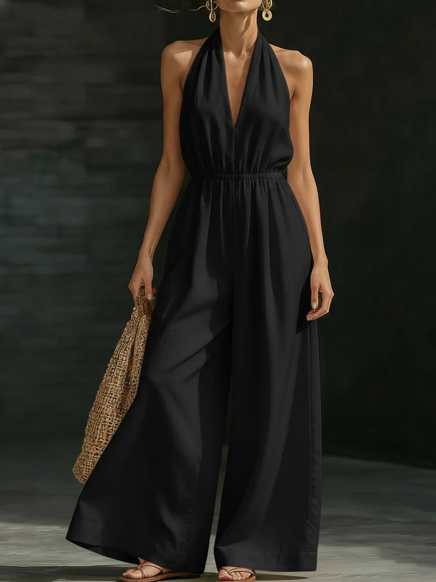 Women’s V-Neck Halter Neck Wide-Leg Sleeveless Jumpsuit