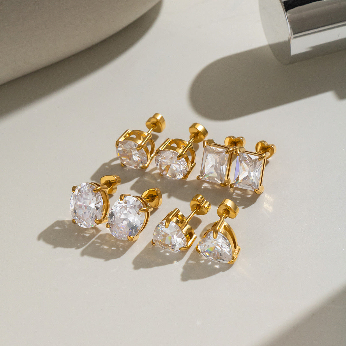 Stainless Steel 18k Gold Stud Earrings With Zircon Inlays For Women