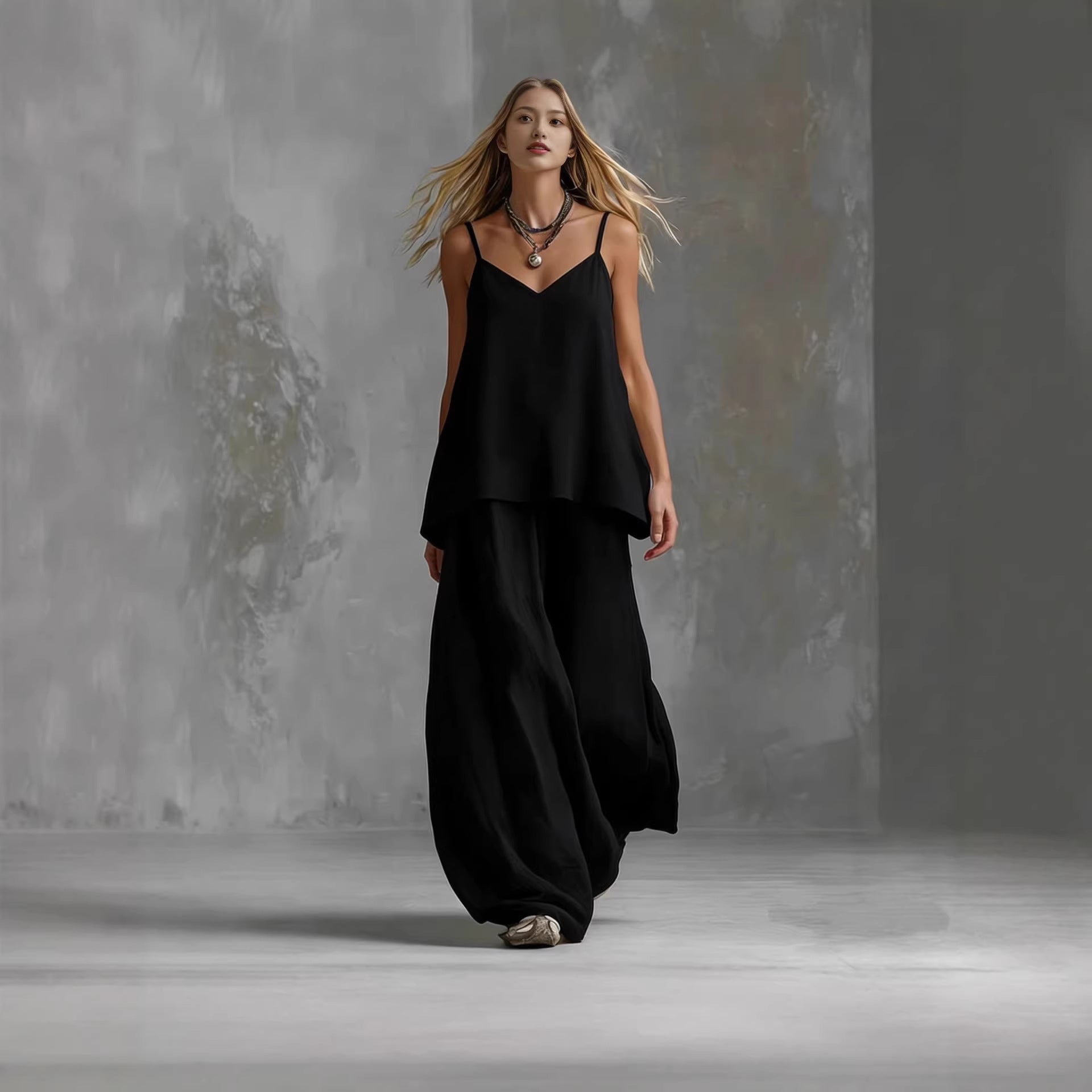 Women's V-Neck Sleeveless Two-Piece Wide Leg Pantsuit Set - Image 2