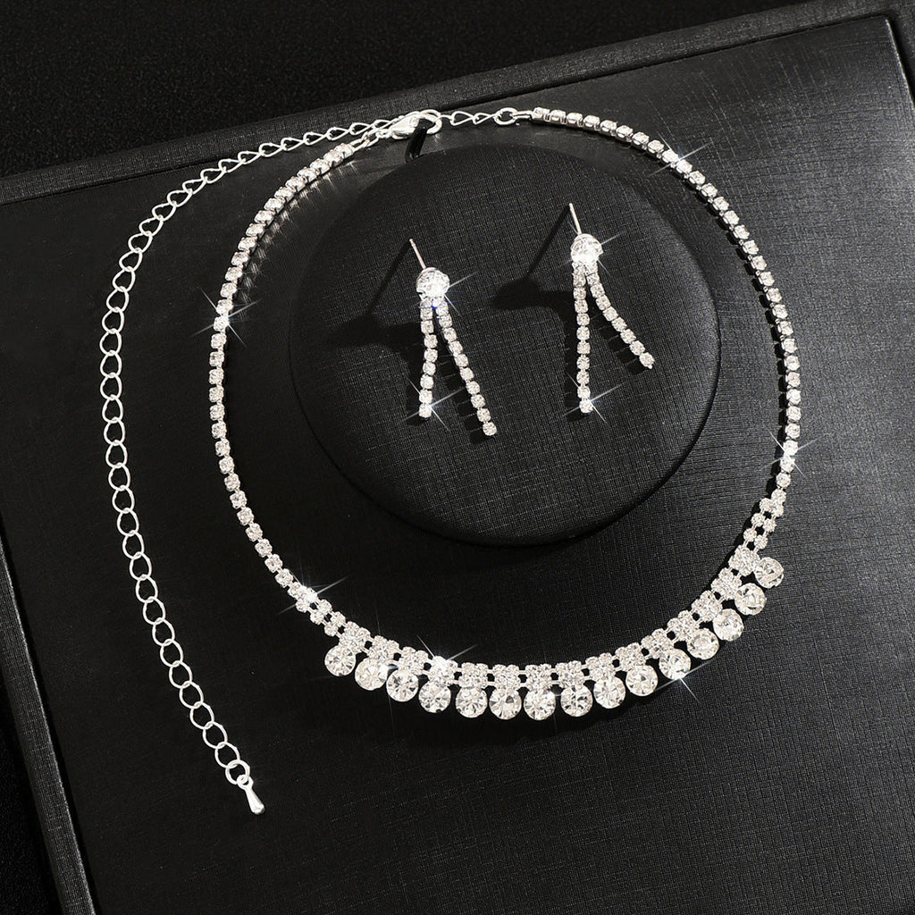 Womens Glamorous Bridal 2 Pcs Rhinestone Set,Silver Tone Graduated Round Stone Choker And Double Row Tassel Earrings For Wedding Party Wear
