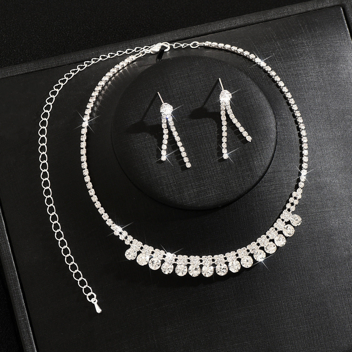 Womens Glamorous Bridal 2 Pcs Rhinestone Set,Silver Tone Graduated Round Stone Choker And Double Row Tassel Earrings For Wedding Party Wear