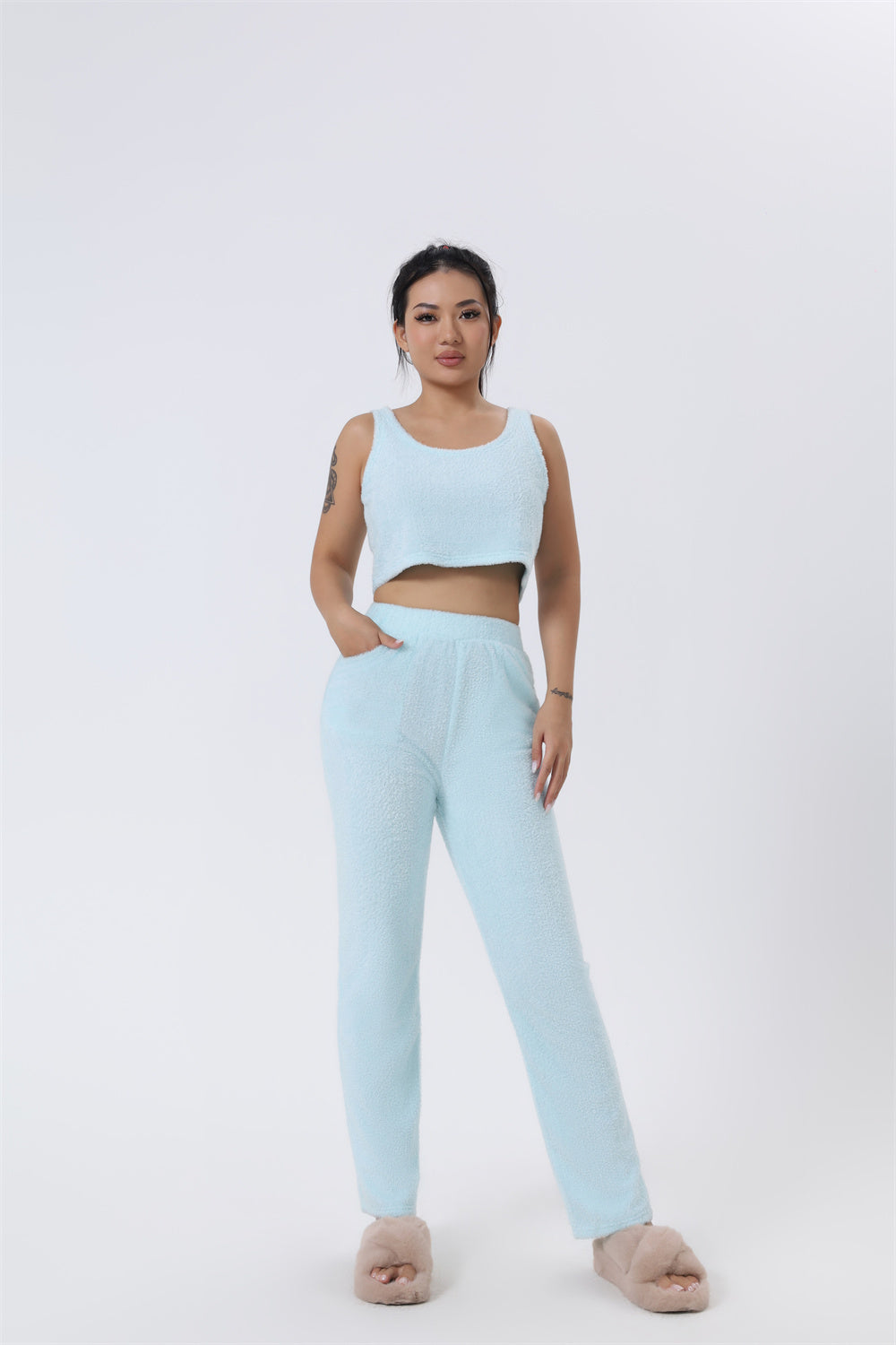 3-Piece Cozy Lounge Set: Soft Knit Crop Top, Pants & Cardigan