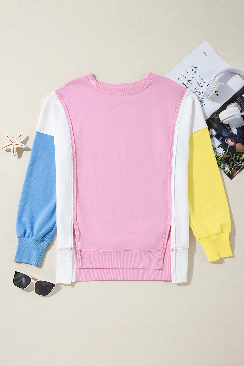 Colorblock Exposed Seam Side Slit Long Sleeve Sweatshirt