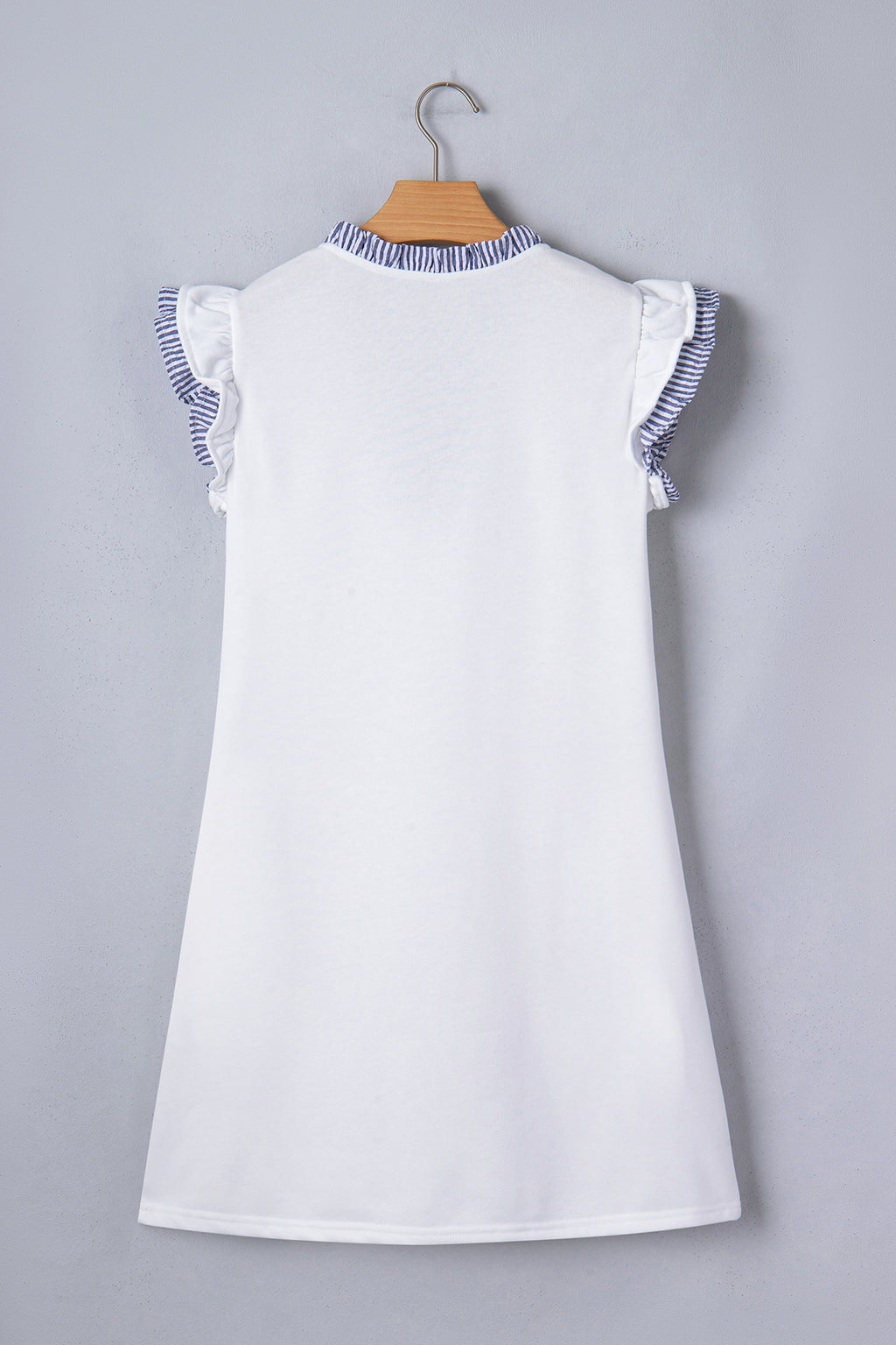 White Contrasted Striped Patchwork Split Neck Ruffle Trim Sleeveless Dress