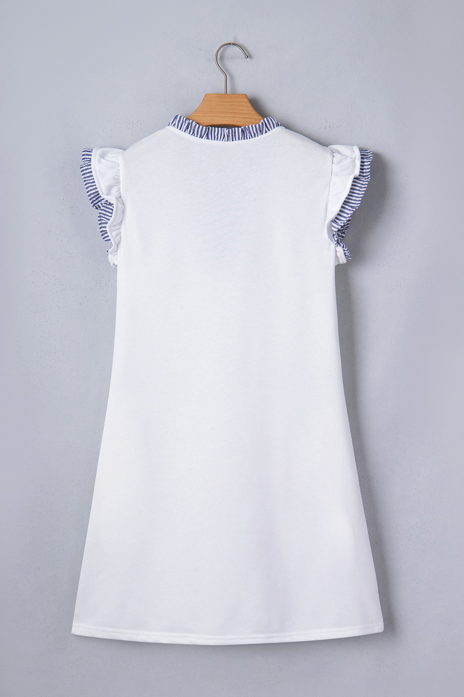 White Contrasted Striped Patchwork Split Neck Ruffle Trim Sleeveless Dress