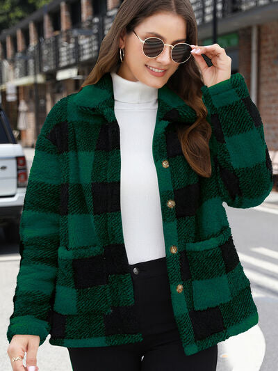 Women's Red Drop Shoulder Fuzzy Button-Up Jacket