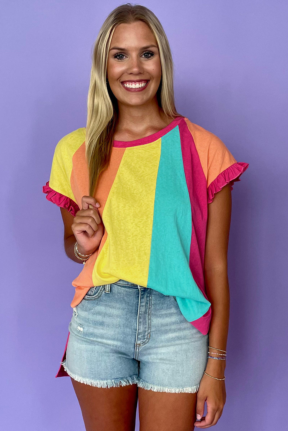 Rose Red Color Block Ruffled Crew Neck Loose Fit T-Shirt